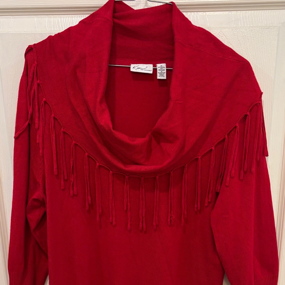 Vibrant Red Cowl Neck Sweater with Fringe